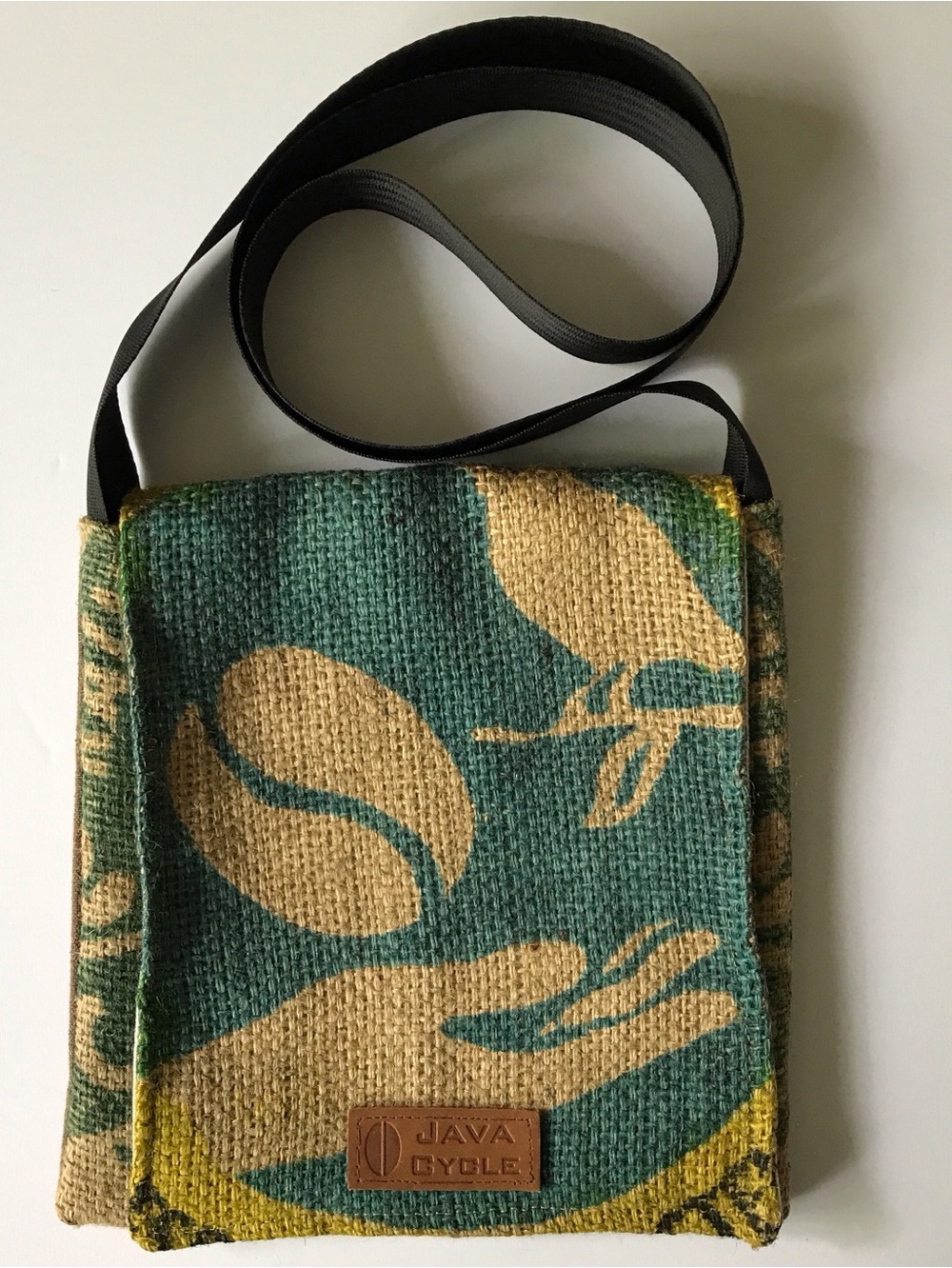 JAVA CYCLE Recycled Burlap Coffee Crossbody Bag w/Seatbelt Handle
